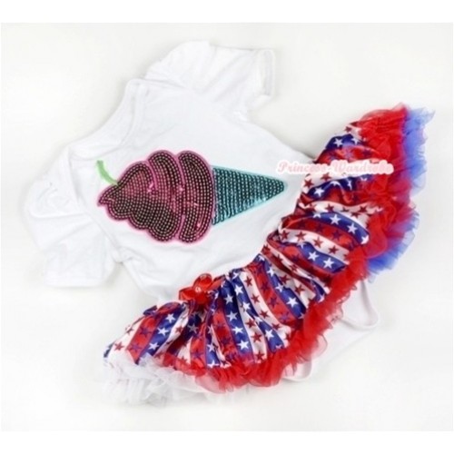 White Baby Jumpsuit Red White Royal Blue Striped Stars Pettiskirt with Sparkle Ice Cream Print JS605 