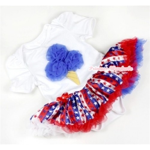 White Baby Jumpsuit Red White Royal Blue Striped Stars Pettiskirt with Royal Blue Rosettes Ice Cream Print JS614 