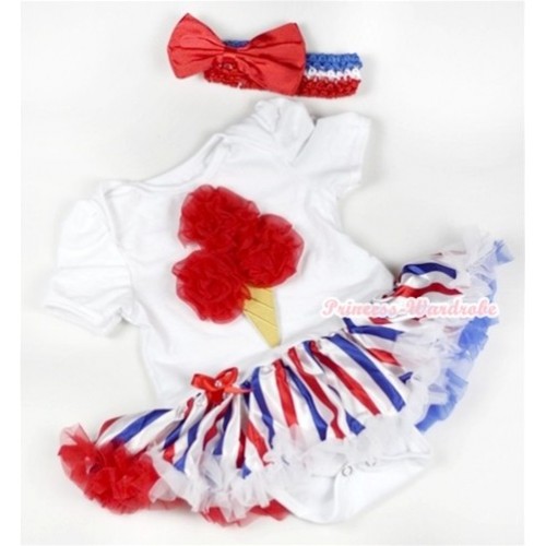 White Baby Jumpsuit Red White Royal Blue Striped Pettiskirt With Red Rosettes Ice Cream Print With Red White Royal Blue Headband Red Satin Bow JS619 