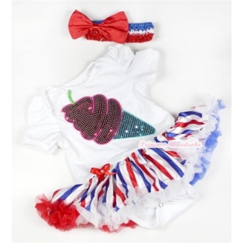 White Baby Jumpsuit Red White Royal Blue Striped Pettiskirt With Sparkle Ice Cream Print With Red White Royal Blue Headband Red Satin Bow JS620 