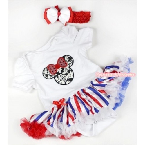 White Baby Jumpsuit Red White Royal Blue Striped Pettiskirt With Sparkle Red Damask Minnie Print With Red Headband White Red Ribbon Bow JS628 