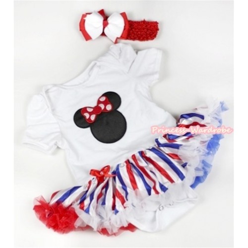 White Baby Jumpsuit Red White Royal Blue Striped Pettiskirt With Red Minnie Print With Red Headband White Red Ribbon Bow JS629 