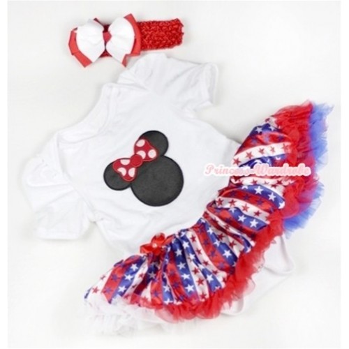 White Baby Jumpsuit Red White Royal Blue Striped Stars Pettiskirt With Minnie Print With Red Headband White Red Ribbon Bow JS634 
