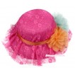 Hot Pink Lace & Orange Aqua Blue Rosettes Summer Beach Straw Hat  H651 