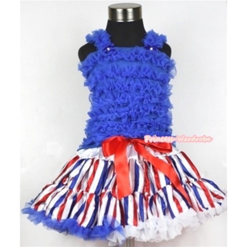 Red White Royal Blue Striped Pettiskirt with Royal Blue Ruffles Tank Top MR233 