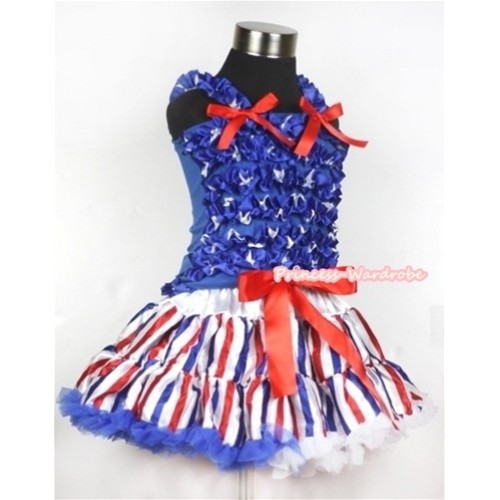 Red White Royal Blue Striped Pettiskirt with Patriotic American Stars Ruffles Tank Top With Red Bow MR235 