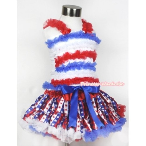 Red White Royal Blue Striped Stars Pettiskirt with Red White Royal Blue Ruffles Tank Top MR236 