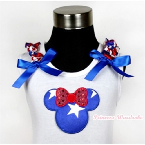 White Tank Top With Patriotic American Minnie Print with Red White Royal Blue Striped Stars Ruffles & Royal Blue Bow TB364 