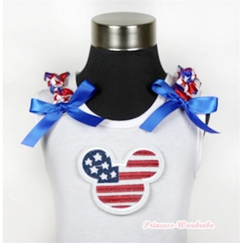 White Tank Top With American Striped Stars Minnie Print with Red White Royal Blue Striped Stars Ruffles & Royal Blue Bow TB366 