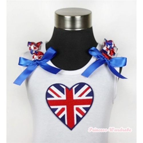 White Tank Top With Patriotic British Heart Print with Red White Royal Blue Striped Stars Ruffles & Royal Blue Bow TB367 