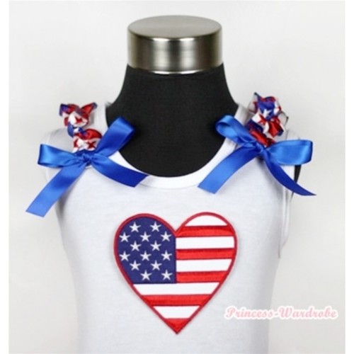 White Tank Top With Patriotic American Heart Print with Red White Royal Blue Striped Stars Ruffles & Royal Blue Bow TB368 