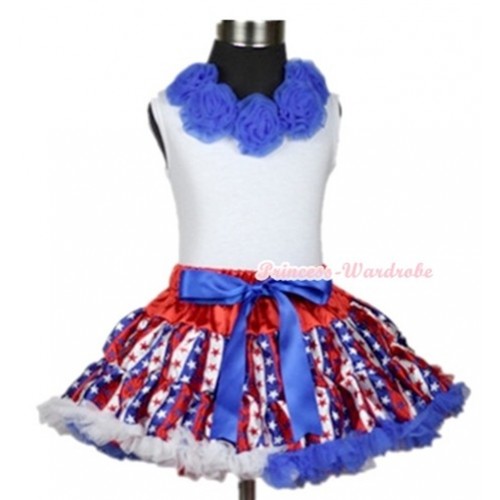 White Tank Tops with Royal Blue Rosettes & Red White Royal Blue Striped Stars Pettiskirt MG590 