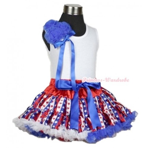 White Tank Top With a Bunch of Royal Blue Rosettes& Royal Blue Bow With Red White Royal Blue Striped Stars Pettiskirt MG591 