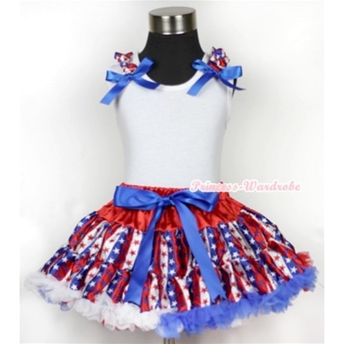 White Tank Top With Red White Royal Blue Striped Stars Ruffles & Royal Blue Bows With Red White Royal Blue Striped Stars Pettiskirt MN106 