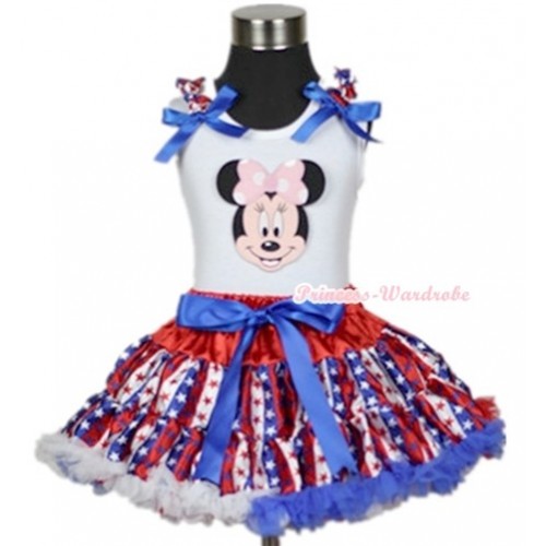 White Tank Top with Light Pink Minnie Print with Red White Royal Blue Striped Stars Ruffles & Royal Blue Bow & Red White Royal Blue Striped Stars Pettiskirt MG594 