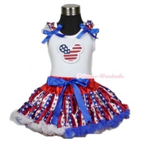 White Tank Top with American Striped Stars Minnie Print with Red White Royal Blue Striped Stars Ruffles & Royal Blue Bow & Red White Royal Blue Striped Stars Pettiskirt MG595 