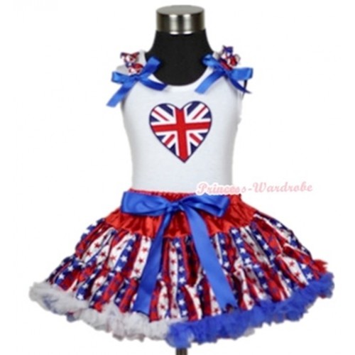 White Tank Top with Patriotic British Heart Print with Red White Royal Blue Striped Stars Ruffles & Royal Blue Bow & Red White Royal Blue Striped Stars Pettiskirt MG596 