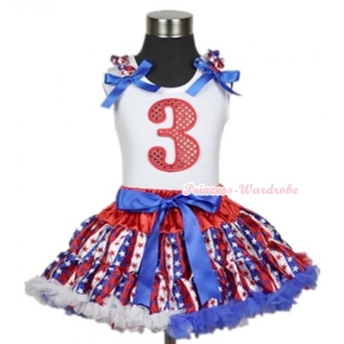 White Tank Top with 3rd Sparkle Red Birthday Number Print with Red White Royal Blue Striped Stars Ruffles & Royal Blue Bow & Red White Royal Blue Striped Stars Pettiskirt MG601 