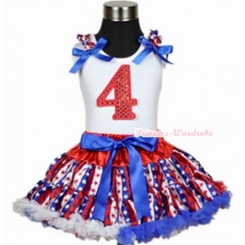 White Tank Top with 4th Sparkle Red Birthday Number Print with Red White Royal Blue Striped Stars Ruffles & Royal Blue Bow & Red White Royal Blue Striped Stars Pettiskirt MG602 