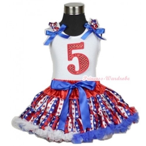 White Tank Top with 5th Sparkle Red Birthday Number Print with Red White Royal Blue Striped Stars Ruffles & Royal Blue Bow & Red White Royal Blue Striped Stars Pettiskirt MG603 