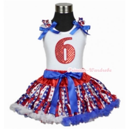 White Tank Top with 6th Sparkle Red Birthday Number Print with Red White Royal Blue Striped Stars Ruffles & Royal Blue Bow & Red White Royal Blue Striped Stars Pettiskirt MG604 