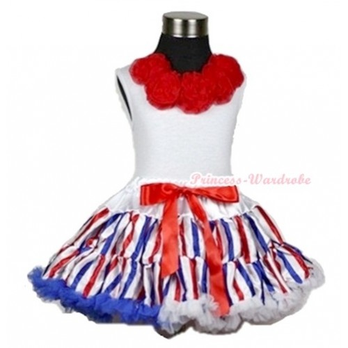 White Tank Tops with Red Rosettes & Red White Royal Blue Striped Pettiskirt MG605 