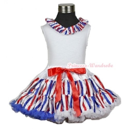 White Tank Top With Red White Royal Blue Striped Satin Lacing With Red White Royal Blue Striped Pettiskirt MG607 