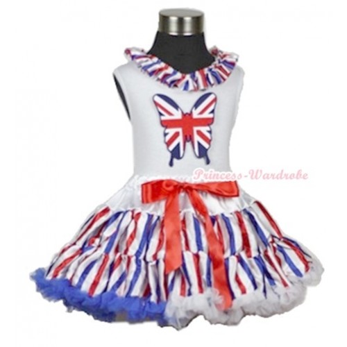 White Tank Top With Red White Royal Blue Striped Satin Lacing & Patriotic British Butterfly Print With Red White Royal Blue Striped Pettiskirt MG608 