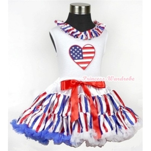 White Tank Top With Red White Royal Blue Striped Satin Lacing & Patriotic American Heart Print With Red White Royal Blue Striped Pettiskirt MG609 