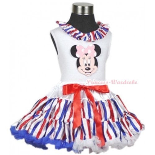 White Tank Top With Red White Royal Blue Striped Satin Lacing & Light Pink Minnie Print With Red White Royal Blue Striped Pettiskirt MG611 