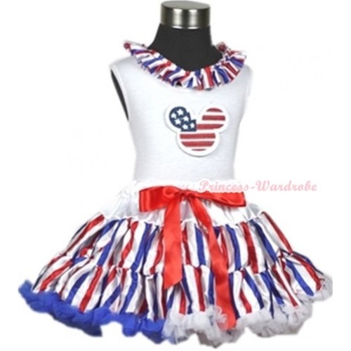 White Tank Top With Red White Royal Blue Striped Satin Lacing & American Striped Stars Minnie Print With Red White Royal Blue Striped Pettiskirt MG612 