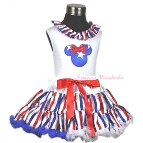 White Tank Top With Red White Royal Blue Striped Satin Lacing & Patriotic American Minnie Print With Red White Royal Blue Striped Pettiskirt MG613 