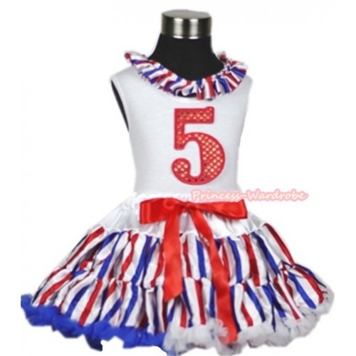 White Tank Top With Red White Royal Blue Striped Satin Lacing & 5th Sparkle Red Birthday Number Print With Red White Royal Blue Striped Pettiskirt MG618 