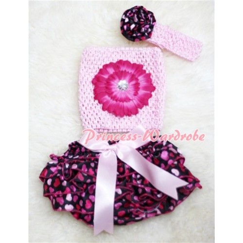 Big Bow Hot Pink Heart Panties Bloomers with Hot Pink Flower Light Pink Crochet Tube Top and Rose Headband 3PC Set CT86 