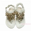 Cream White Sparkle Gold Crystal Bling Rhinestone T-Strap Flat Ankle Sandals L01CreamWhite 