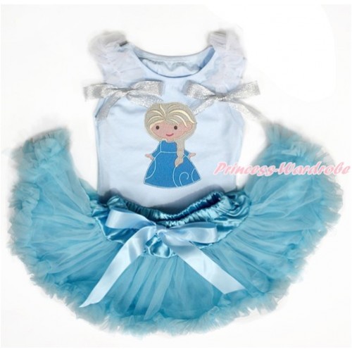 Light Blue Baby Pettitop with White Ruffles & Sparkle Silver Grey Bows with Princess Elsa Print with Light Blue Newborn Pettiskirt NG1463 