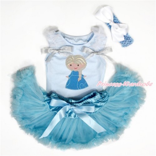 Light Blue Baby Pettitop with White Ruffles & Sparkle Silver Grey Bows with Princess Elsa Print & Light Blue Newborn Pettiskirt With Light Blue Headband White Silk Bow NG1465 