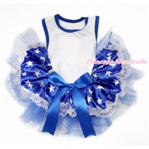 White Sleeveless Patriotic American Star Lace Gauze Skirt With Royal Blue Bow Pet Dress DC137 