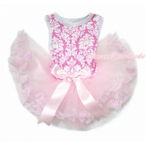 Light Pink White Damask Sleeveless Light Pink Lace Gauze Skirt With Light Pink Bow Pet Dress DC138 