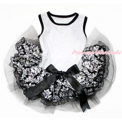 White Sleeveless Damask Lace Gauze Skirt With Black Bow Pet Dress DC141 