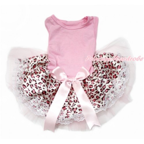 Light Pink Sleeveless Light Pink Leopard Lace Gauze Skirt With Light Pink Bow Pet Dress DC143 