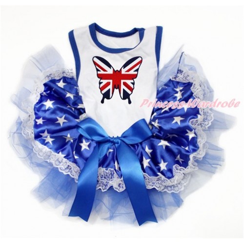 White Sleeveless Patriotic American Star Lace Gauze Skirt With Patriotic British Butterfly Print With Royal Blue Bow Elegent Pet Dress DC146 