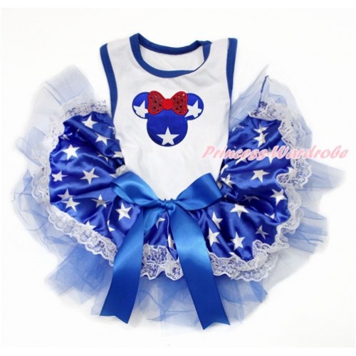 White Sleeveless Patriotic American Star Lace Gauze Skirt With Patriotic American Star Minnie Print With Royal Blue Bow Elegent Pet Dress DC147 