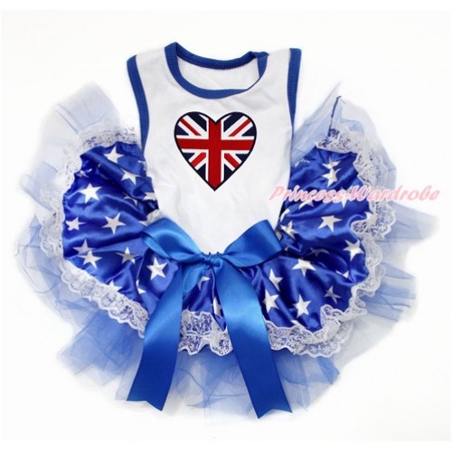 White Sleeveless Patriotic American Star Lace Gauze Skirt With Patriotic British Heart Print With Royal Blue Bow Elegent Pet Dress DC145 