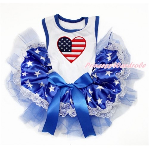 White Sleeveless Patriotic American Star Lace Gauze Skirt With Patriotic American Heart Print With Royal Blue Bow Elegent Pet Dress DC144 