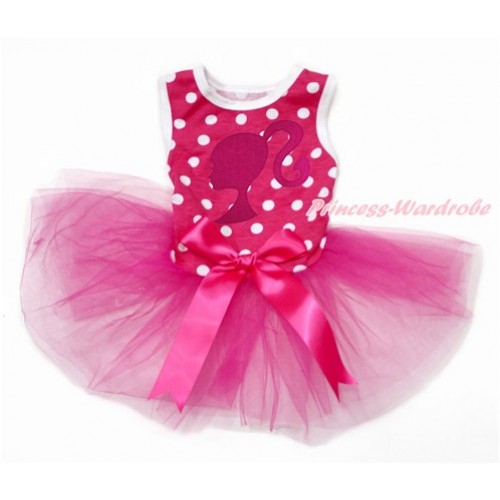 Hot Pink White Dots Sleeveless Hot Pink Gauze Skirt With Hot Pink Barbie Princess Print With Hot Pink Bow Pet Dress DC151 
