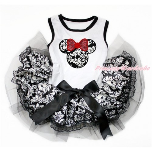 White Sleeveless Damask Lace Gauze Skirt With Sparkle Red Damask Minnie Print With Black Bow Elegent Pet Dress DC159 