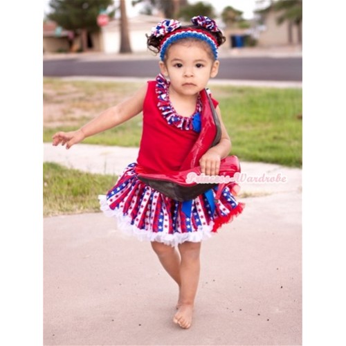 Red Baby Pettitop With Red White Royal Blue Striped Stars Satin Lacing & One Royal Blue Rose With Red White Royal Blue Striped Stars Pettiskirt NG1170 
