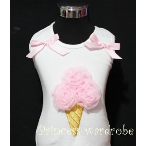 White Tank Top with Light Pink Ice Cream and Bows TS201 
