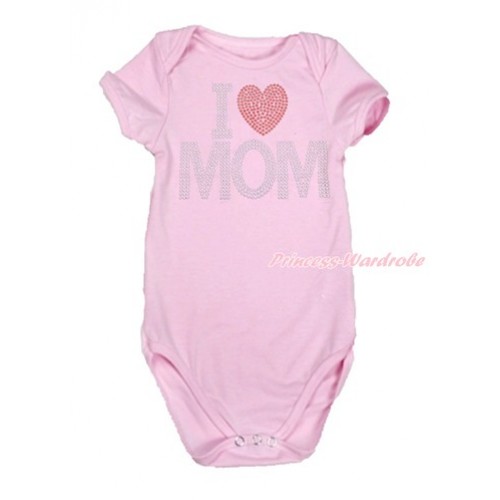 Mother's Day Light Pink Baby Jumpsuit with Sparkle Crystal Bling Rhinestone I Love Mom Print TH479 